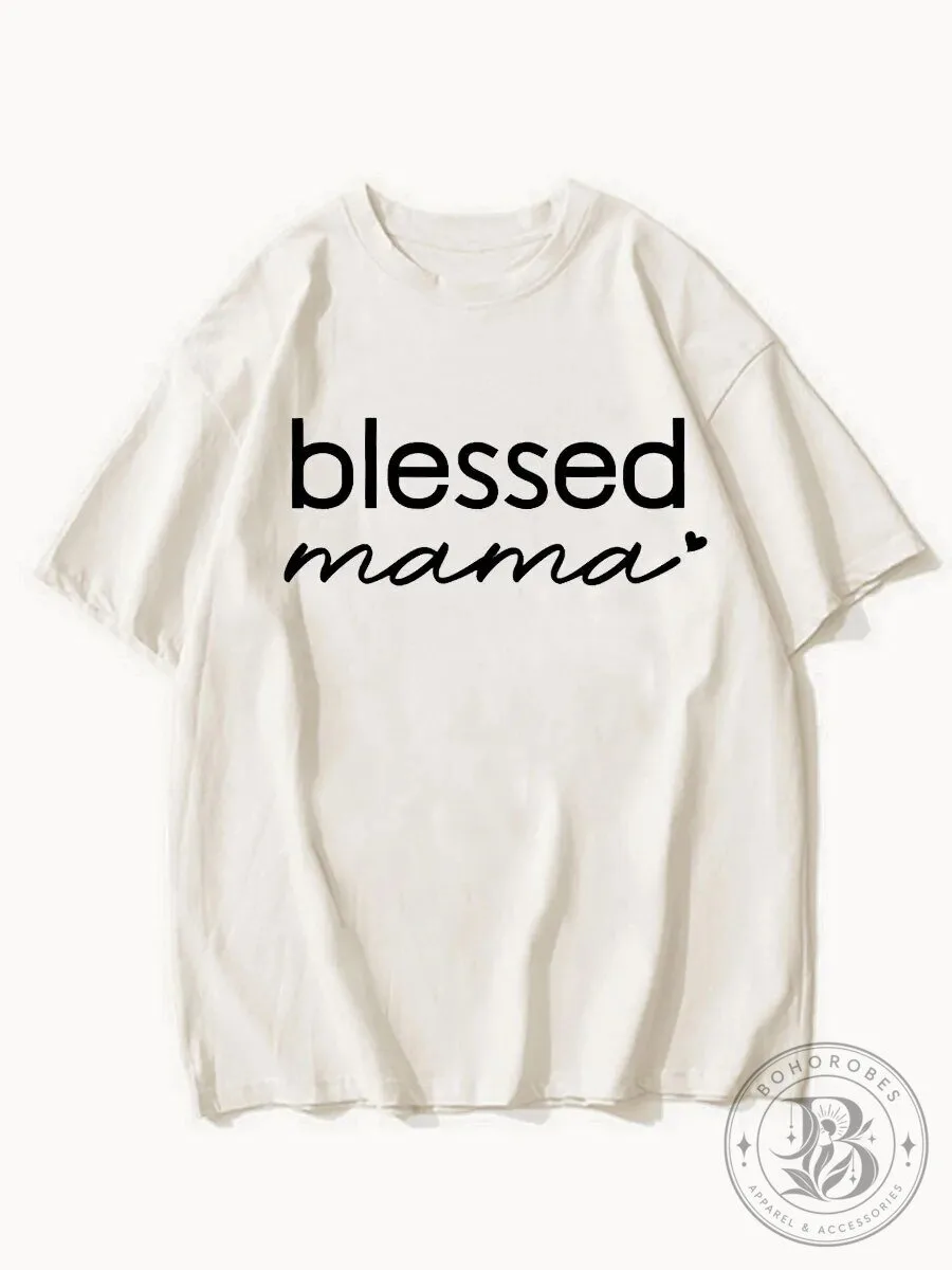 Blessed Mama Heart Script Graphic Print White Short Sleeve T-Shirt