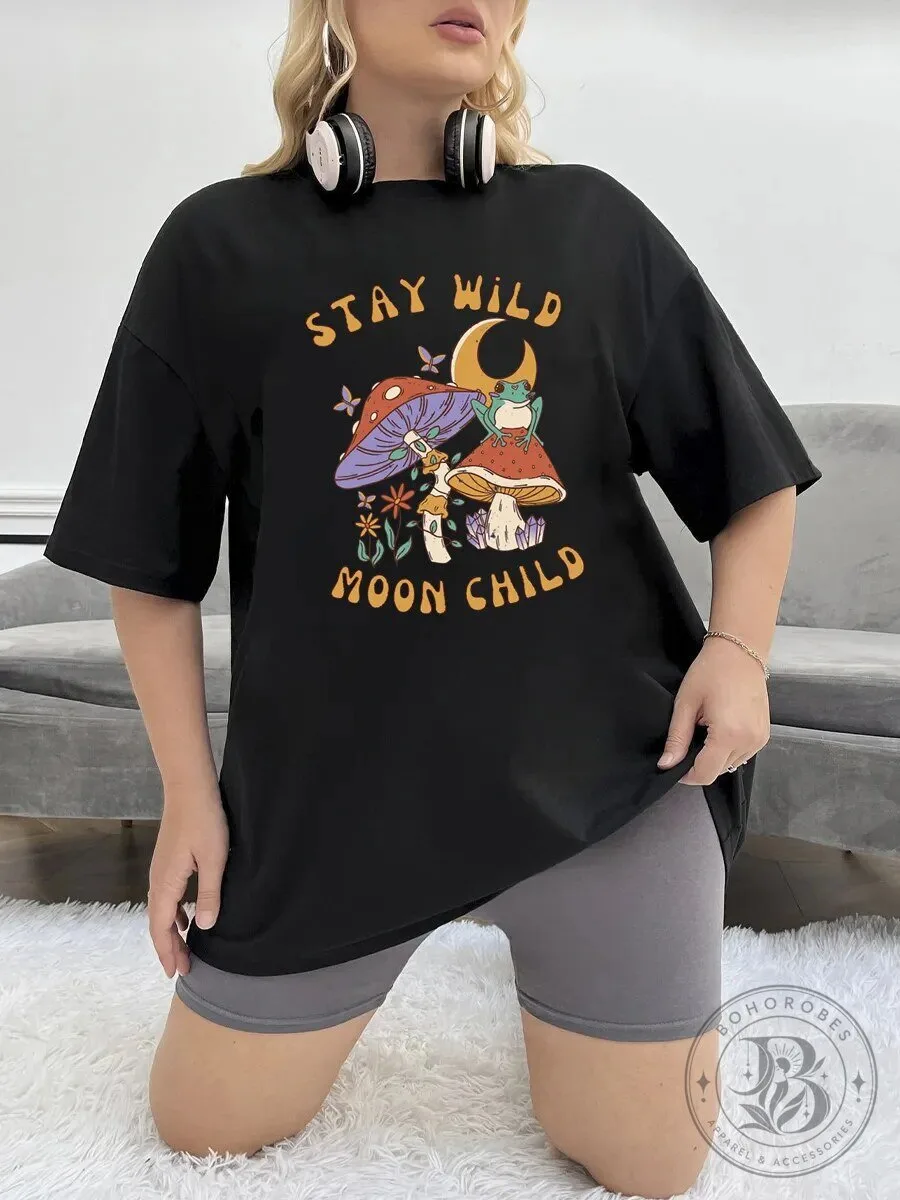 Stay Wild Moon Child Mushroom Frog Graphic Black T-Shirt