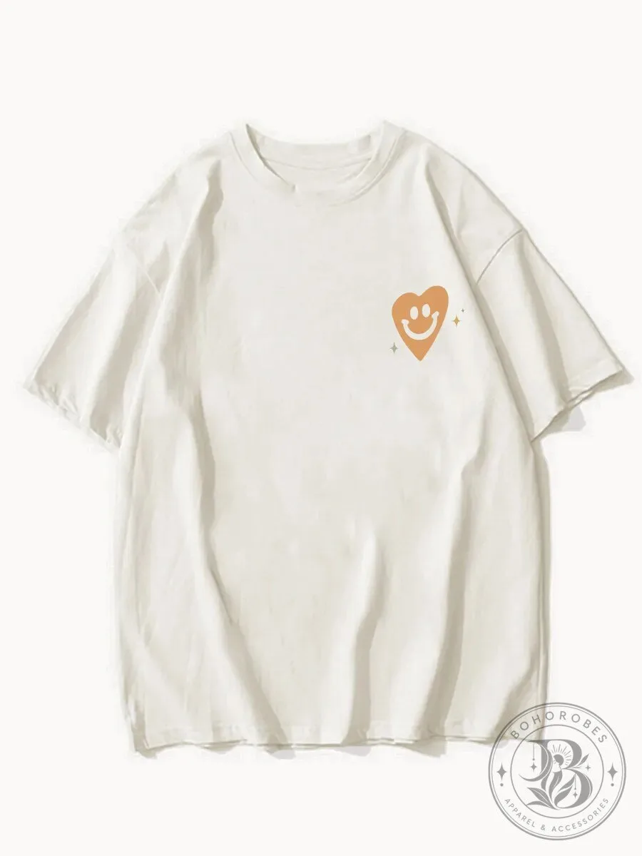 Good Vibes Only Happy Heart Face Graphic Print Casual T-Shirt