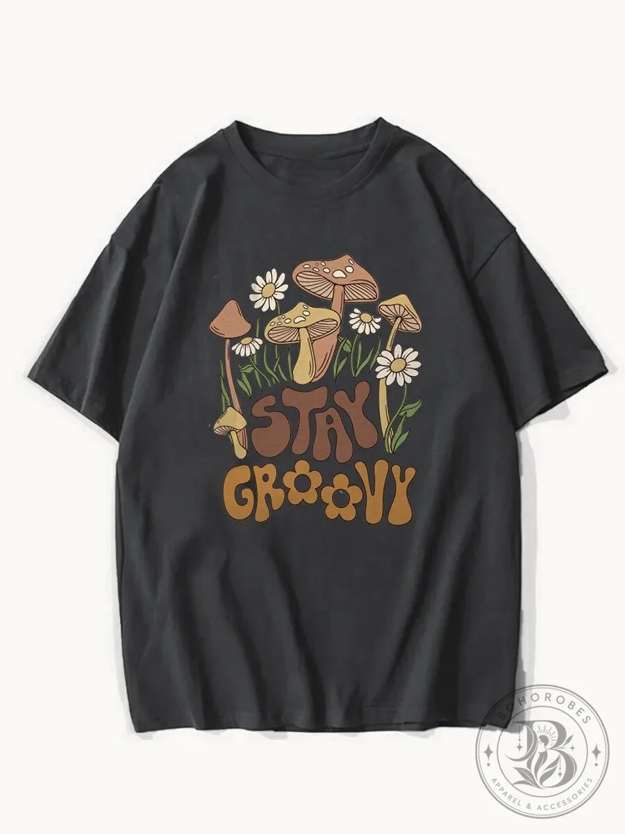 Stay Groovy Mushroom Daisy Flower Graphic Print Short Sleeve T-Shirt