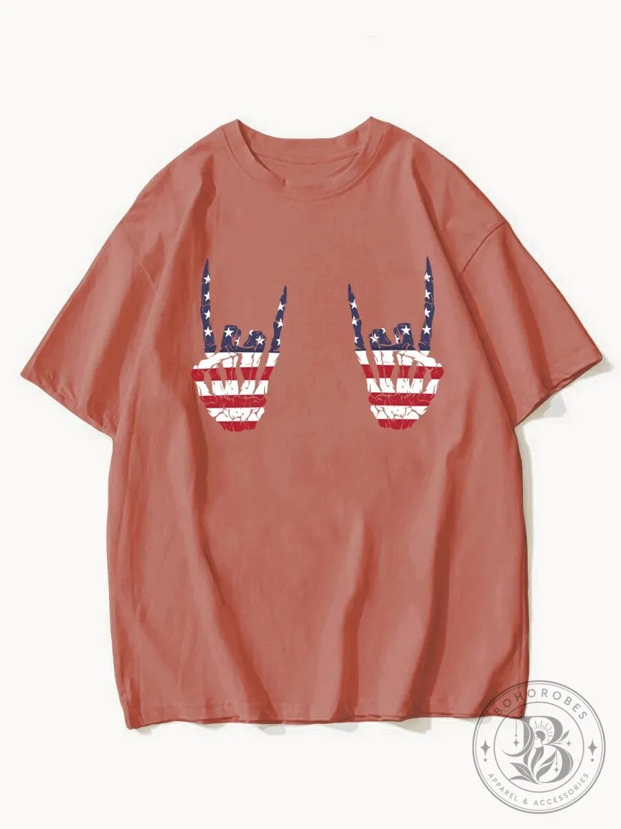 American Flag Rock and Roll Hand Sign Graphic Print Short Sleeve T-Shirt