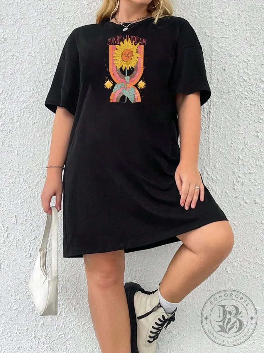 Sunbeam Dream Sunflower Graphic Print Black Short Sleeve T-Shirt Dress