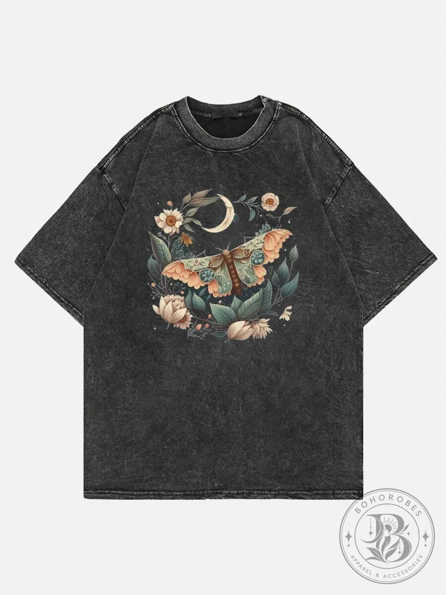 Celestial Flower Moth and Moon Botanical Garden Washed T-Shirt