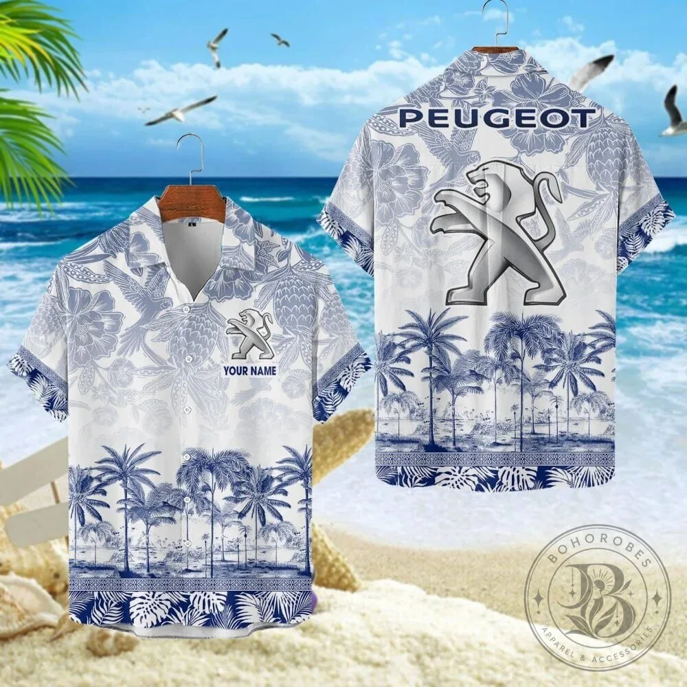 Peugeot Car Logo Tropical Palm Trees Custom Name Hawaiian Shirt