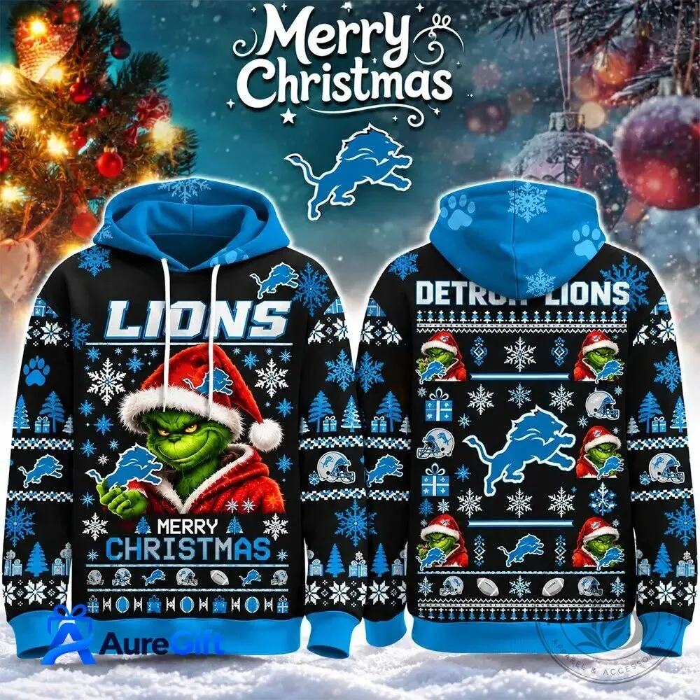 Merry Christmas Grinch Hoodie - Ugly Sweater Style for Detroit Lions Fans