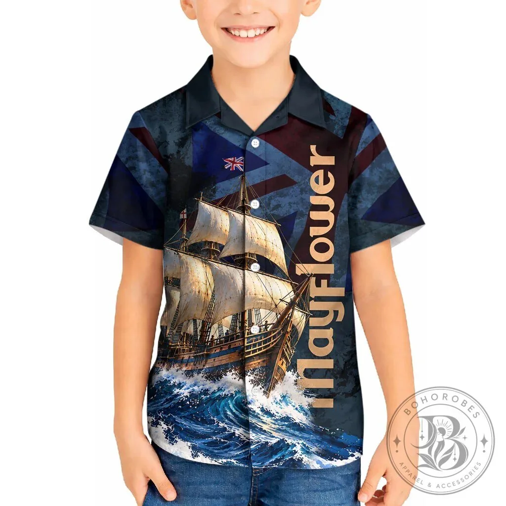 Mayflower 1620 Ship Kids Hawaiian Shirt Vintage Nautical Ocean Waves Art